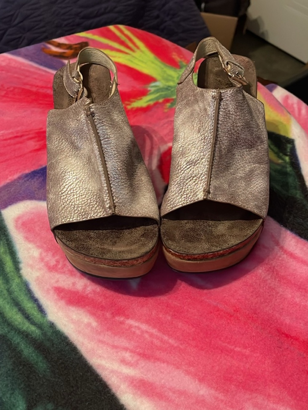 Pierre Dumas Metallic Taupe Open-Toe Wedge Sandals with Ankle Strap